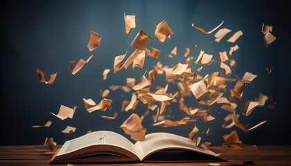 Photo of an open book with pages flying out - obrazy, fototapety, plakaty