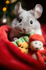 Cute holiday chinchilla with a bag of Christmas gifts.