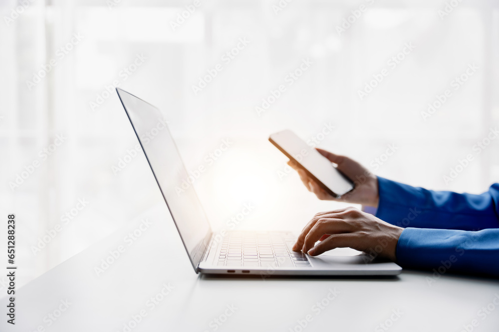 Canvas Prints type search information from the internet network. businessman working with smartphone, tablet and l