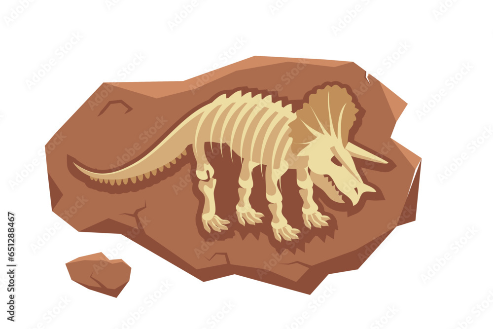 Wall mural Dinosaur fossil vector illustration. Cartoon isolated jurassic dino character silhouette inside underground stone, skeleton bones and skull of prehistoric dead animal, old mesozoic extinct monster