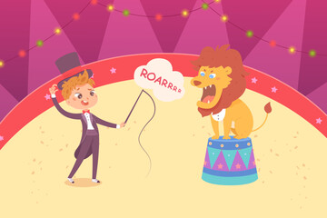 Circus performance with lion and trainer vector illustration. Cartoon isolated angry lion sitting on arena podium and roaring, cute tamer boy in vintage dress holding whip to train circus animal