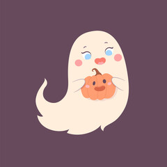 Cute Halloween ghost character with pumpkin, spooky expression creature. Funny scary magic kawaii demon, mystery creative nowadays vector clipart