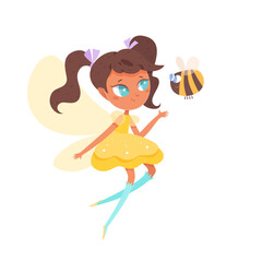 Cute fairy girl flying with bee together, flight of elf with yellow butterfly wings