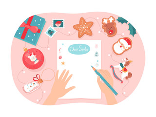 Hands writing Christmas letter to Santa Claus about xmas gifts vector illustration. Cartoon person holding pencil to write wish list on paper sheet and send by mail. Christmas greeting card concept