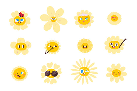 Cute sun and flower characters set, funny faces with smile, yellow daisy camomile emoji