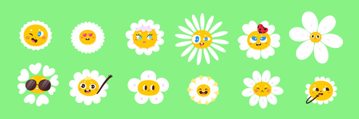 Fototapeta na wymiar Cute daisy flower characters set vector illustration. Cartoon isolated funny chamomile faces smile and wink, with hearts or sunglasses on eyes and ladybug on white petals, happy positive emotions