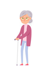 Old woman with cane flat vector illustration. Lonely lady cartoon character. Aged gray hair dame with wrinkles. Elderly care, nursing home isolated design element