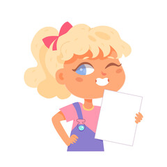 Pretty girl demonstrating empty paper sheet while creating drawings at home or in school. Learning, enjoy, education, playing concept. Feeling happy and fun vector illustration