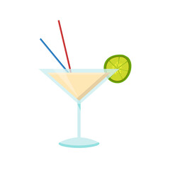 Cocktail Daiquiri, in glass vector illustration. Cartoon isolated cup with summer alcohol drink, drinking straw and lime or lemon, tropical fresh beverage for beach pool party in bar