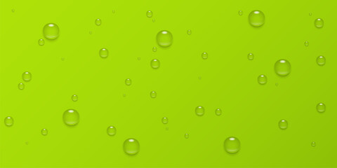 Condensation water drops on green background,rain droplets with light reflection on nature surface, abstract wet texture, pure aqua blobs pattern, Realistic vector illustration