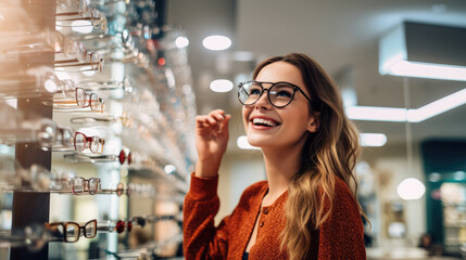 A smiling woman buying glasses in an optical store
