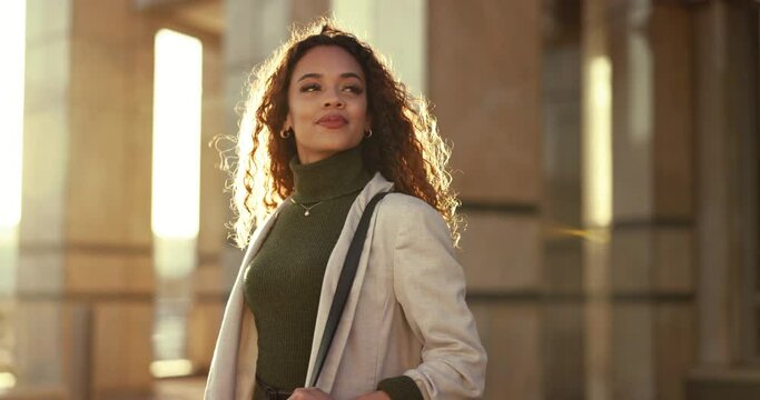 Thinking, city and business woman on morning commute for work, career vision and job in urban town. Travel, professional and person walking in outdoor with confidence, ambition and pride at sunrise