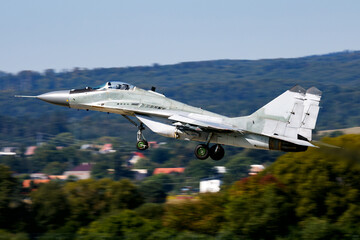 Military fighter jet plane at air base. Airport and airfield. Air force flight operation. Aviation...