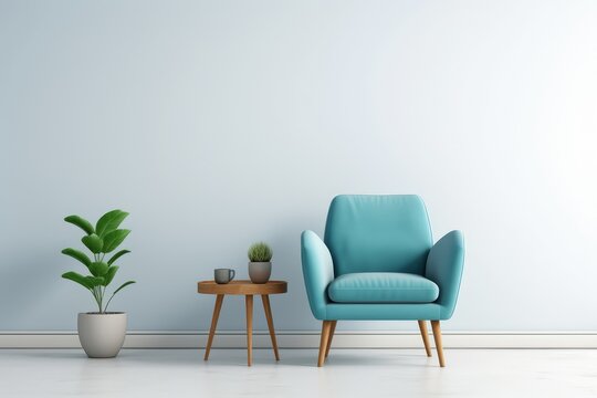 Wall in warm tones with blue armchair on white wall