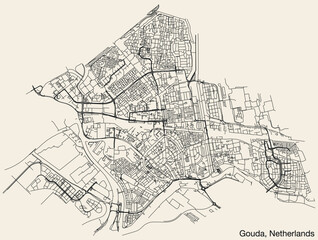 Detailed hand-drawn navigational urban street roads map of the Dutch city of GOUDA, NETHERLANDS with solid road lines and name tag on vintage background