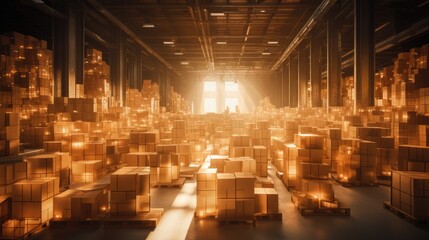Efficient Warehouse Logistics: Organized Space for Business Storage. Efficiently organized warehouse shelf showcases business logistics and freight transportation - obrazy, fototapety, plakaty