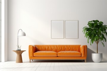 White wall Interior living room have orange leather sofa