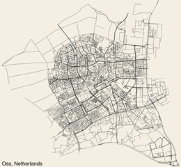 Fototapeta na wymiar Detailed hand-drawn navigational urban street roads map of the Dutch city of OSS, NETHERLANDS with solid road lines and name tag on vintage background