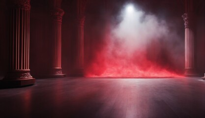 Experience a Mystic Atmosphere with Mist, Fog, and Crimson Smoke on a Vacant Dark Stage, Ideal for Highlighting Artistic Creations and Products.