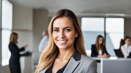 Attractive businesswoman woman posing at her work place with coworkers in the background. 	
