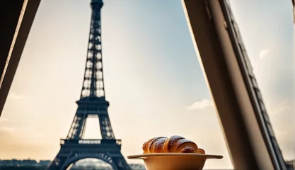 Delicious french croissants on romantic background of Eiffel tower, Paris. Based on  © SR07XC3