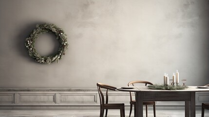  a table with a wreath on the wall and chairs around it.  generative ai