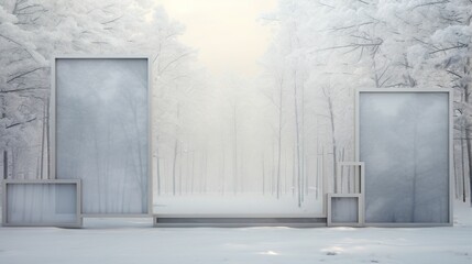  a painting of a snowy forest with two open doors and a bench.  generative ai