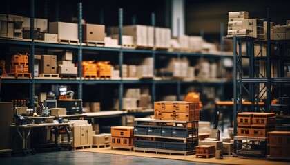 Organized Warehouse with Business Containers and Logistics Racks. Organized warehouse with shelves, boxes, and racks for efficient logistics and storage