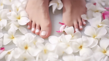 Obraz na płótnie Canvas Groomed women's feet close-up, women's feet standing in petals of fresh flowers. Creative concept of spa foot care, heel care, pedicure.