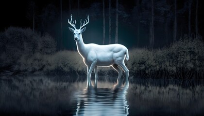 photo of shining white deer at forest lake at night Patronus magic 