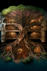 roots of epic tree contain large interior of beautiful underground steampunk library peaceful scene parametric architecture growing into gnarled roots books and maps and globes brass interior mixed 