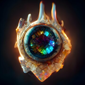 Alien eye made of Bismuth Crystal Fire Opal Pupil Rule of thirds photorealistic unreal engine VFX volumetric lighting Octane render Cinematic colour grading extreme detail 8k Unreal Engine 