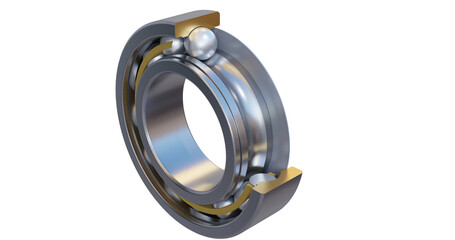 Cut-out of ball bearing assembly with sectioned outer race revealing bearing cage and balls