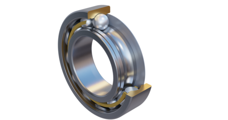 Cut-out of ball bearing assembly with sectioned outer race revealing bearing cage and balls