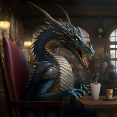 dragon with sofistication sitting in a coffee shop in a chair sipping a cup of coffee 