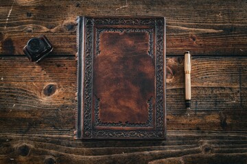 Brown leather cover of elegant journal captured on wooden table