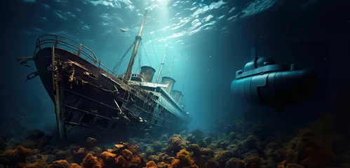 Foto op Aluminium submarine is diving to underwater ship wreck © Claudia Nass