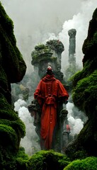 a futuristic technopunk male monk in red and black robes of smoke stands before the entrance of Valhalla made in rocks moss djungle heavy rainstorm ornate beautiful extreme detailed statues lush 