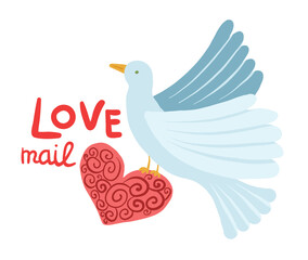 Love mail. White bird with romantic heart letter