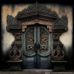A pair of symmetrical doors made with balinese stone carvings made with splashes of watercolor 