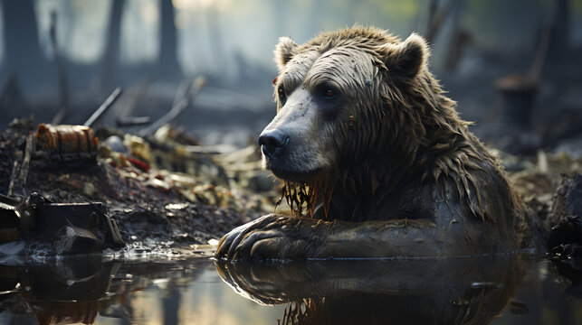 Brown Bear In Water, Concept Of Ecocide