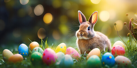 A cute Easter bunny among painted multicolor eggs and flowers in a big garden, copy space, generative AI