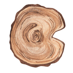 Wooden stump. A large round piece of wood in cross section with a ring texture and cracks. Natural wood surface. Rustic. Watercolor illustration