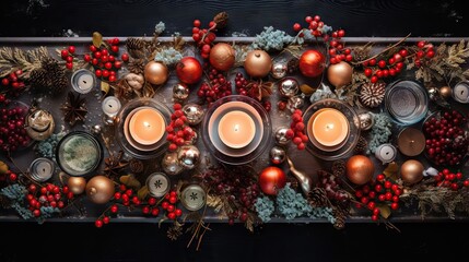  a table topped with candles surrounded by christmas decorations and ornaments.  generative ai