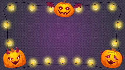 Cute Halloween frame with pumpkins and lights bulbs. Element in cartoon style for designs. Colorful vector Illustration isolated.
