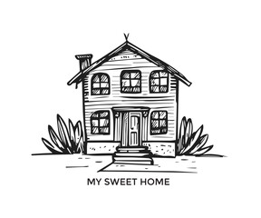 sketch of house, home drawing, home line art image 