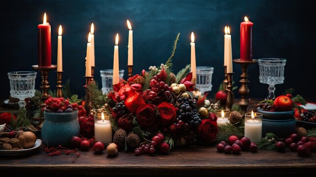  a table topped with candles and a bunch of flowers and fruit.  generative ai