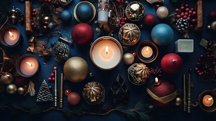  a group of christmas ornaments and candles on a table with a blue background.  generative ai