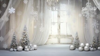  a room decorated for christmas with snowflakes and christmas trees.  generative ai
