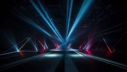Photo of a dark room illuminated by vibrant lights